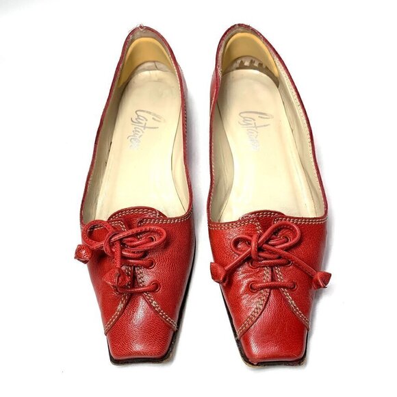 Castaner Square Toe Block Heel Flats With Ties - Red Leather, Size EU 37/US 6.5 - Picture 3 of 12